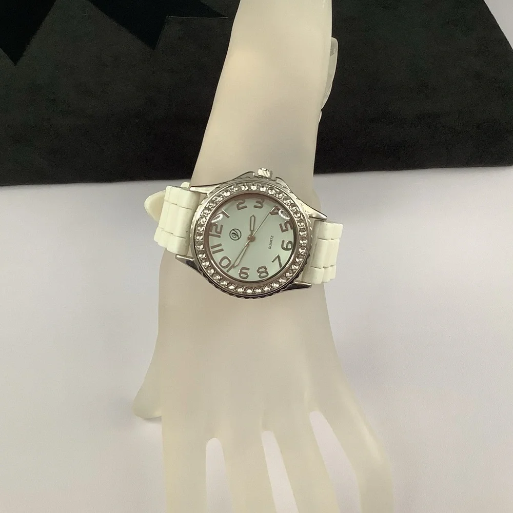 Accutime White Rhinestone Silicone Quartz Watch - Picture 11 of 14